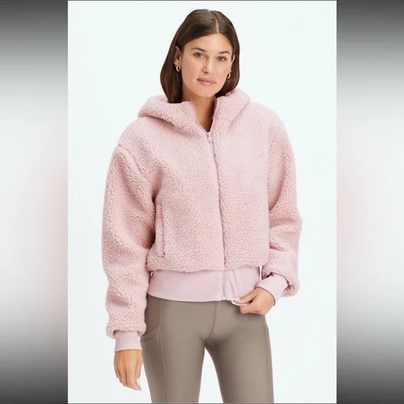 ๐ฉท Fabletics Summit Teddy Sherpa Hooded Jacket Coat Muted Mauve Pink XXL - Picture 1 of 12
